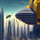 Futuristic cityscape with beehive-like towers and flying bees in golden sky