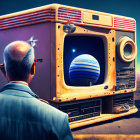 Man looks at giant retro boombox revealing futuristic city in desert setting