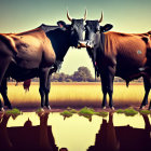 Two large bulls with prominent horns near water and rural landscape.