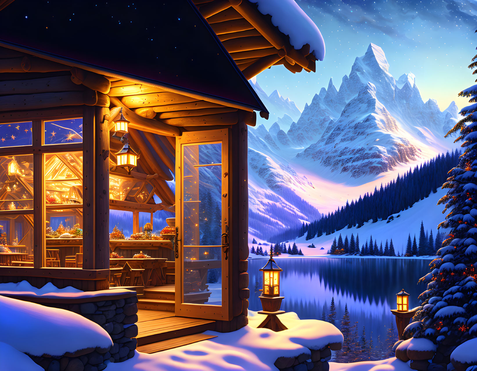 Snowy Lake Cabin: Tranquil Setting with Snow, Pine Trees, and Mountains