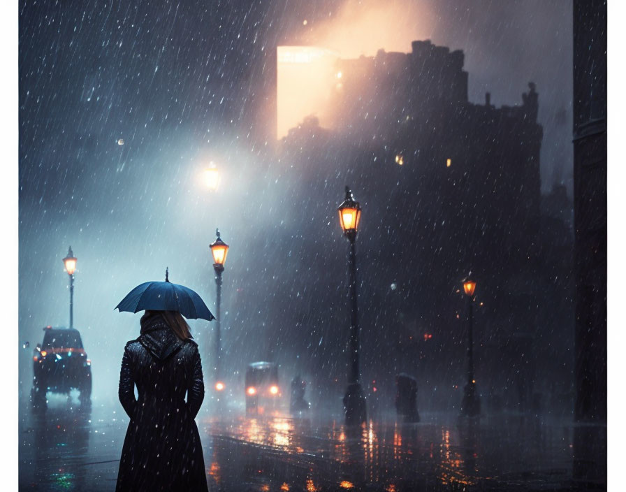 Solitary figure with umbrella in rainy night scene