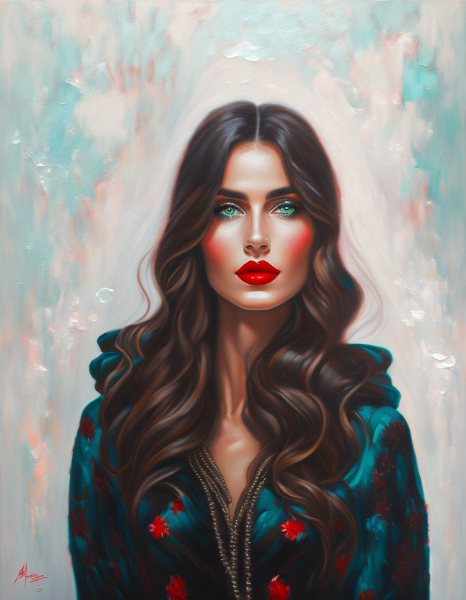 Portrait of Woman with Long Wavy Hair and Red Lips in Floral Hoodie