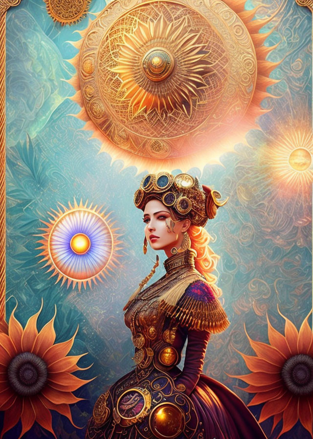 Steampunk-themed woman with cogwheel accessories among vibrant mechanical sunflowers