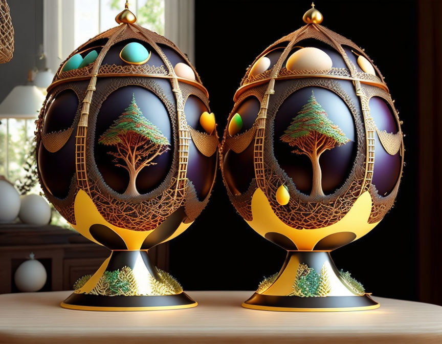 Ornate egg-shaped tree motif sculptures on golden stands displayed by window