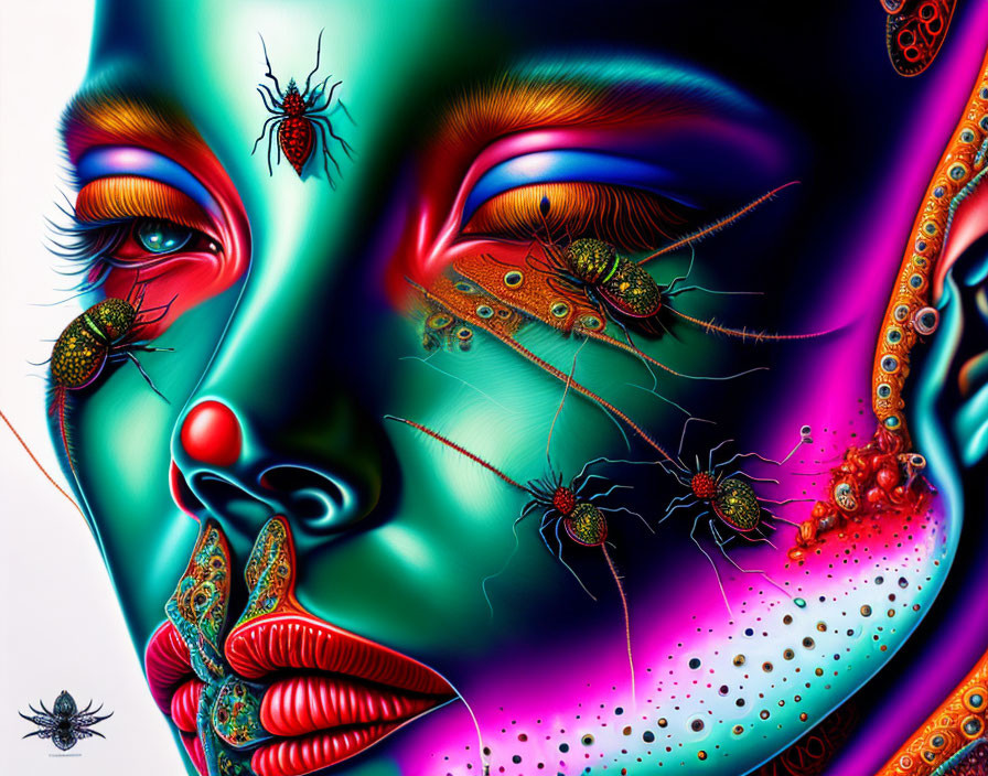 Vibrant surreal artwork with human-like face and insects in bright colors