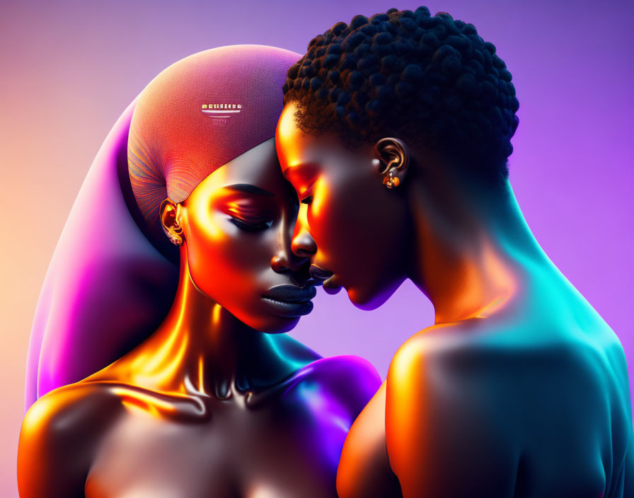 Vividly colored individuals in close, intimate pose with foreheads touching