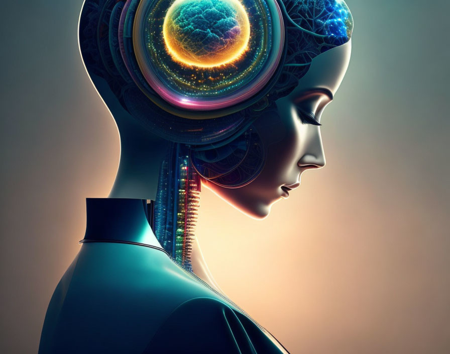 Female Android Side Profile Revealing Colorful Brain Structure