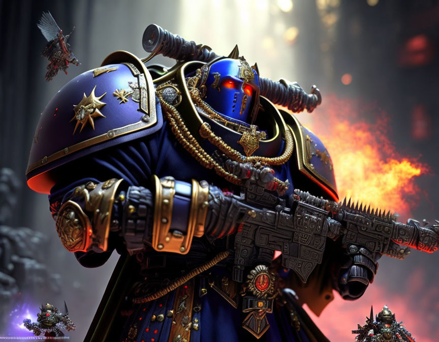 Detailed Warhammer 40k Space Marine in Blue Armor with Bolter on Fiery Battlefield