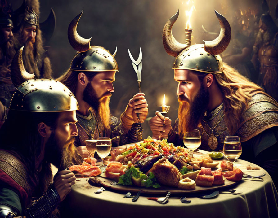 Viking-themed dinner party with four guests feasting and toasting