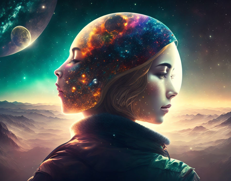 Digital artwork: Woman with cosmic-themed face, mountains, starry sky.