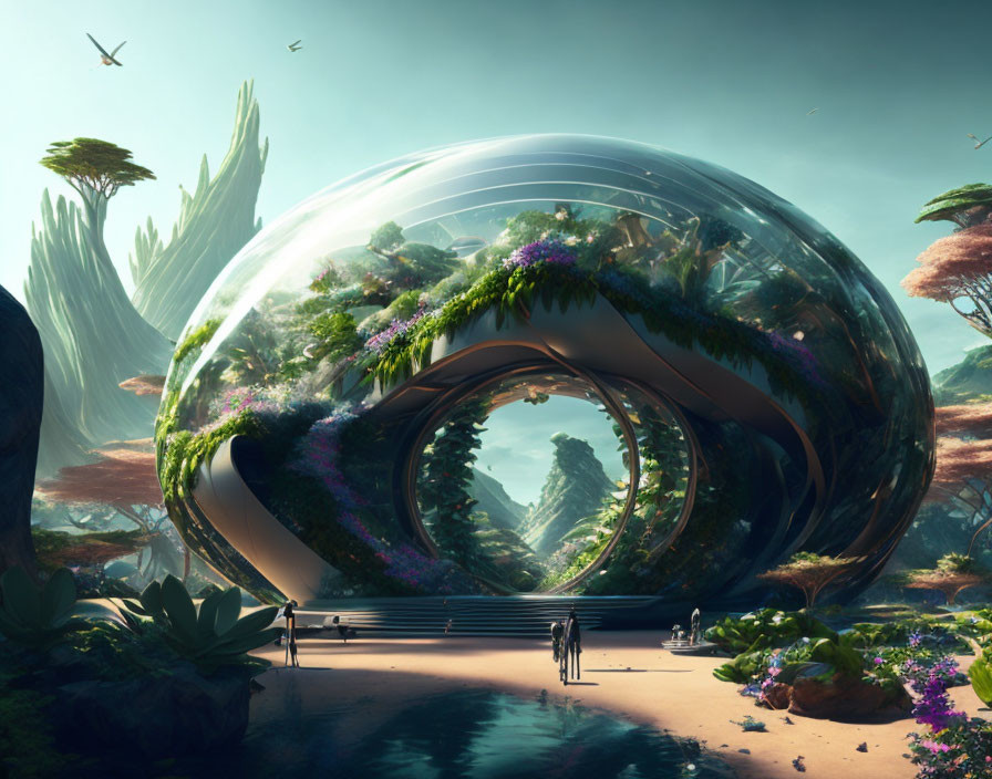 Futuristic glass doughnut structure with lush alien landscape and flying creatures