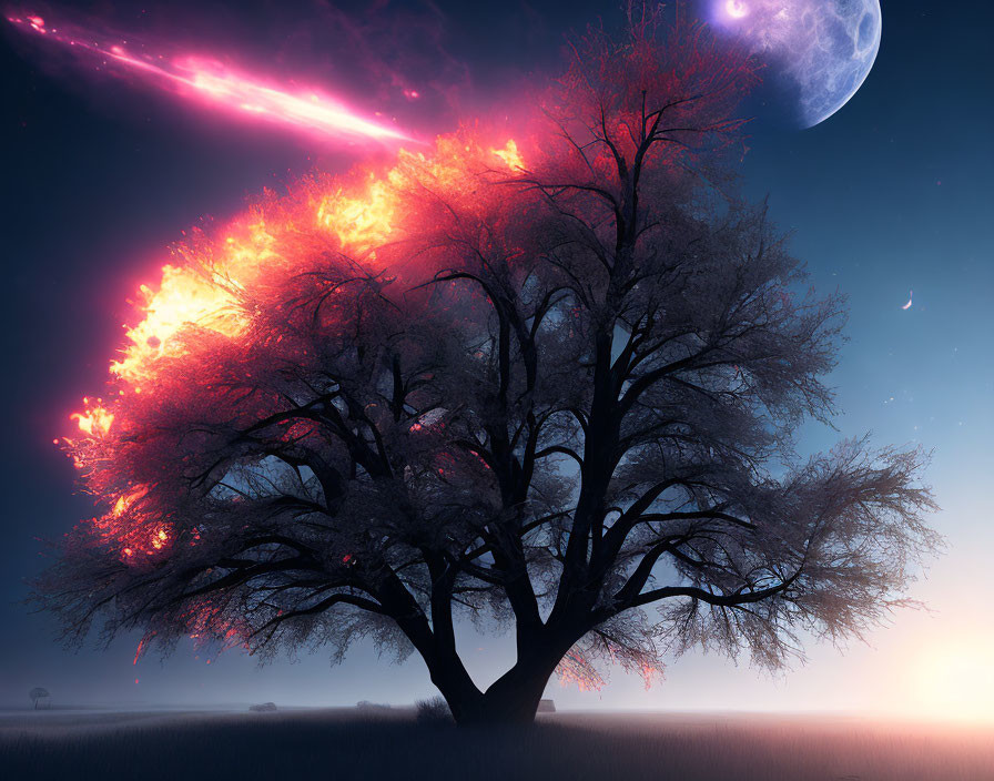 Surreal landscape with lone tree, pink nebula, moon, and stars