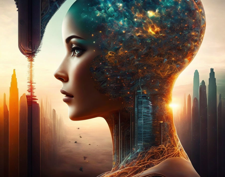 Surreal woman's profile merges with cosmic brain in futuristic cityscape