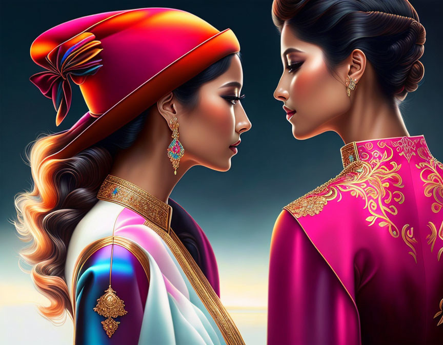 Vibrant traditional outfits and ornate earrings on two women in stylized portrait