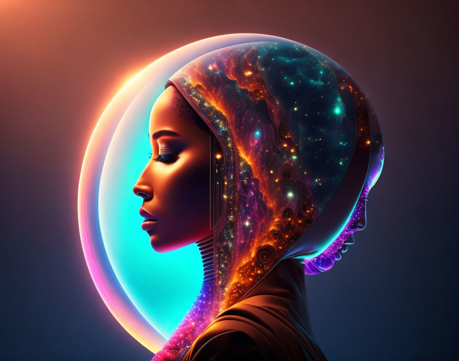 Digital artwork of woman with cosmic-themed neon headpiece