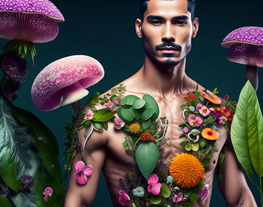 Man with Beard Surrounded by Flowers, Foliage, and Fantasy Mushrooms