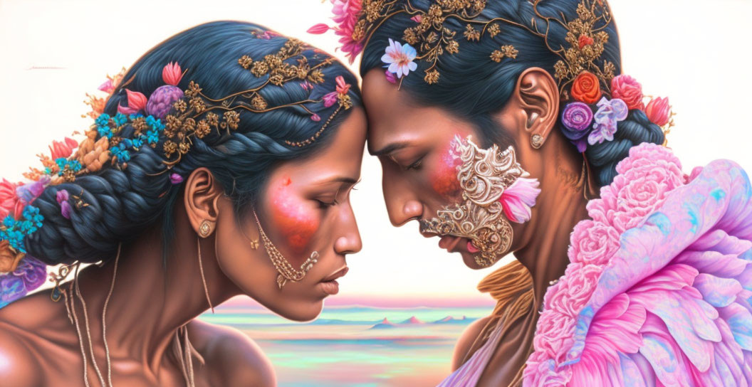 Elaborate floral adornments and colorful makeup on two individuals touching foreheads tenderly