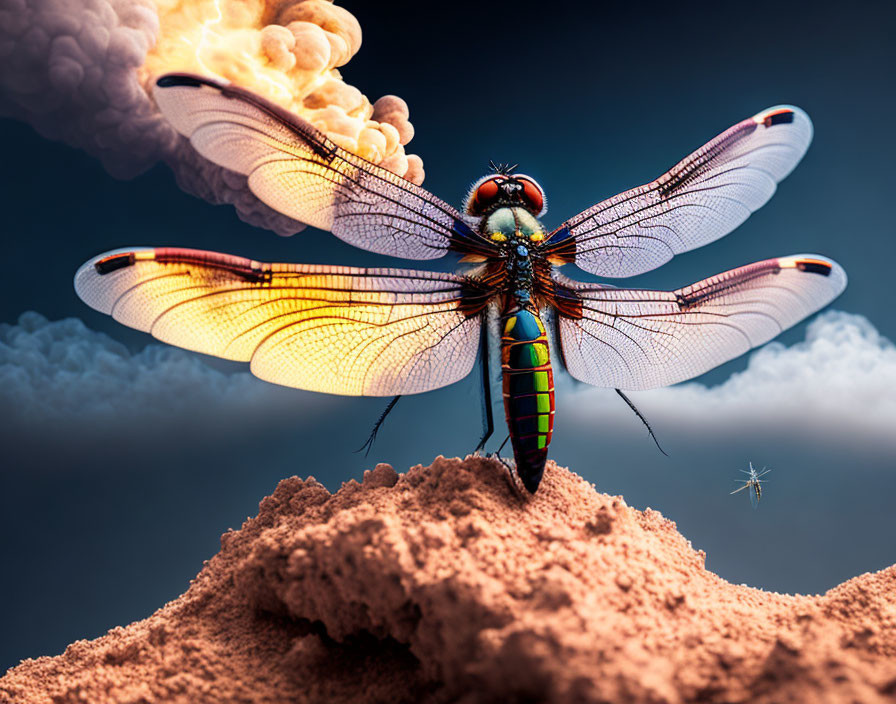 Colorful dragonfly perched on earth mound under dramatic sky with billowing clouds.