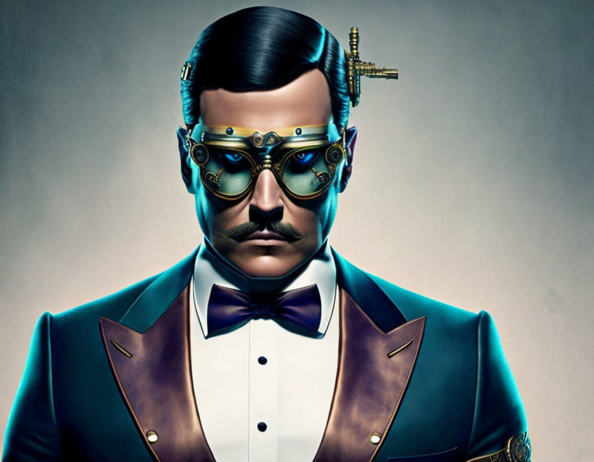 Steampunk Attired Man with Goggles and Monocle on Smooth Background