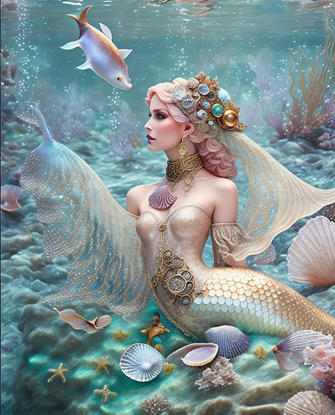 Illustrated Mermaid with Glittering Tail and Sea Life in Underwater Scene