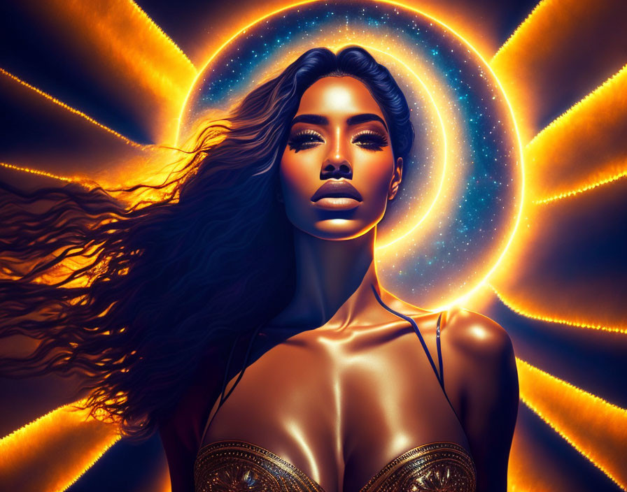 Woman with glowing skin and hair in cosmic halo setting