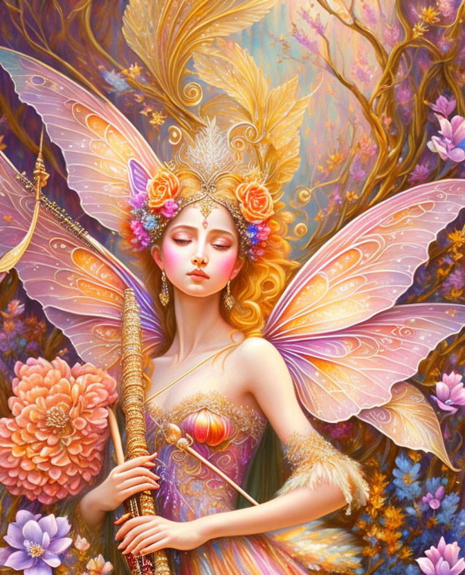 Vibrant fairy with floral crown and magical staff in lush flora