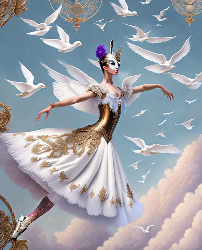 Ballet dancer in white and gold costume with bird-like mask amid flying doves against cloudy sky