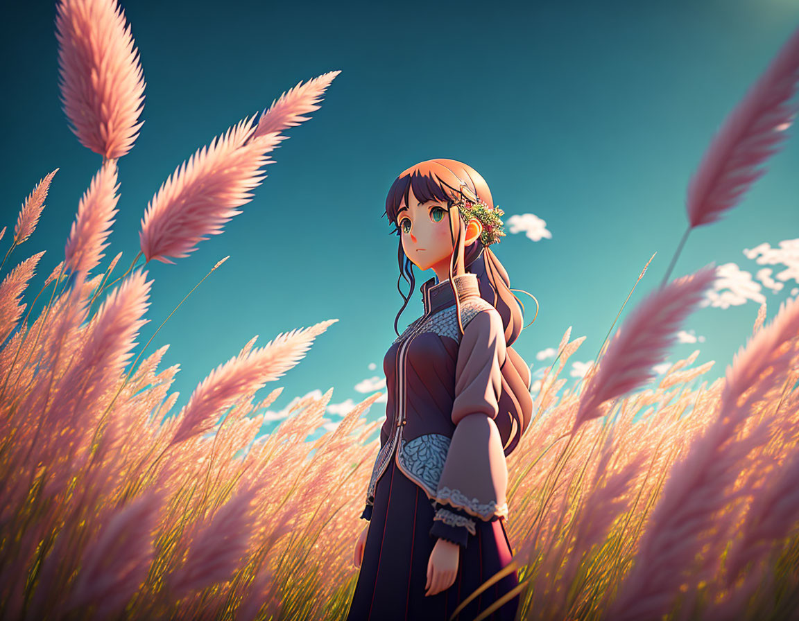 Animated girl with flower crown in pink grass field under blue sky