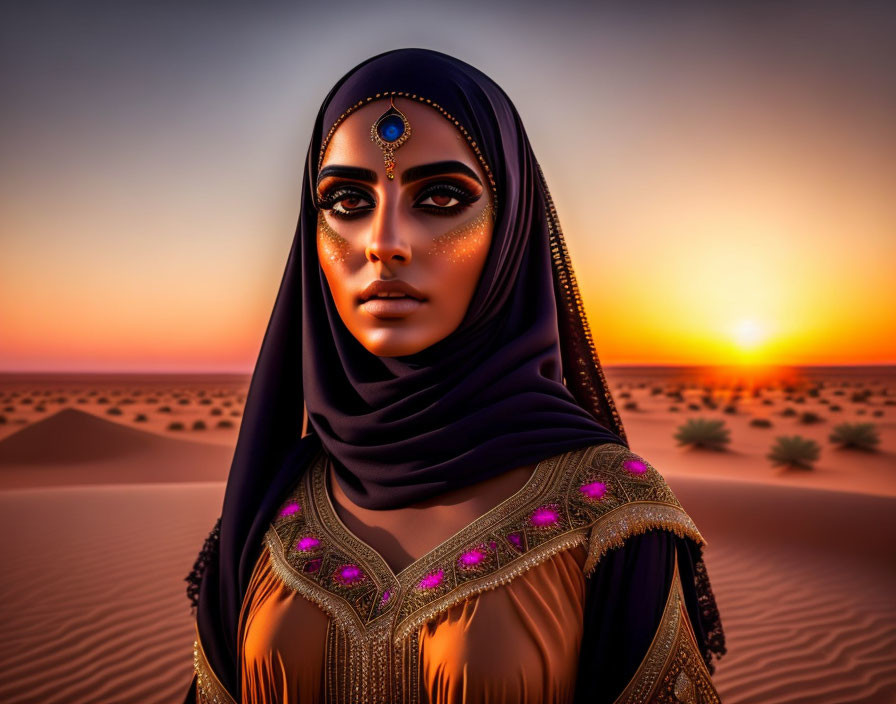 Illustration of woman with dramatic makeup and decorated hijab in desert sunset.