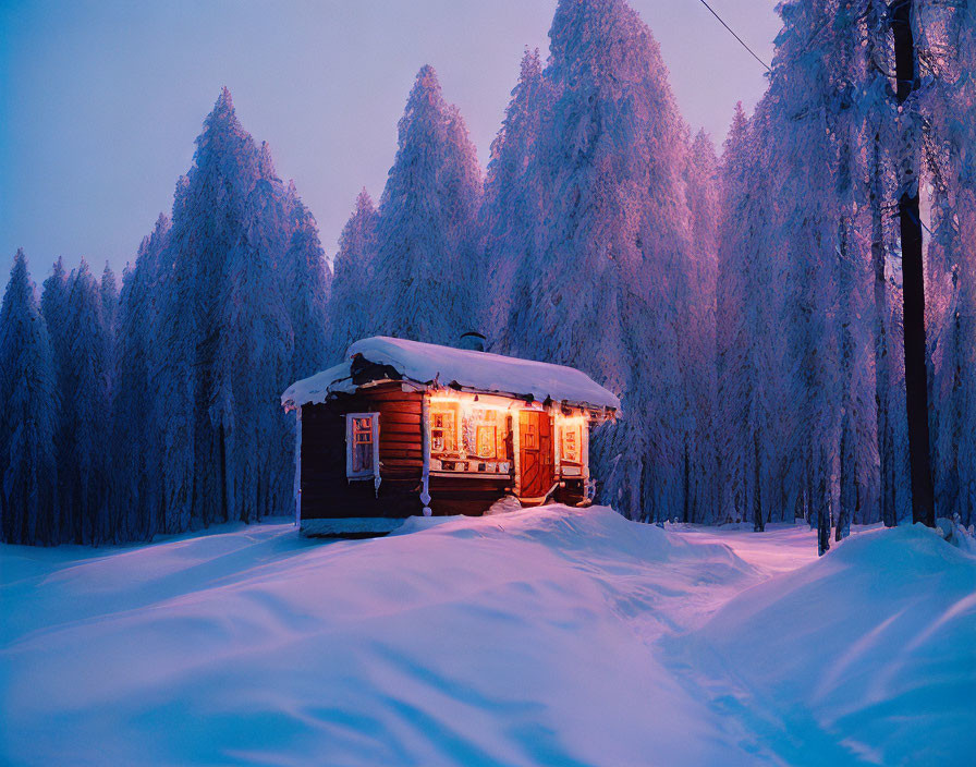 Snow-covered trees surround a glowing wooden cabin in a serene winter landscape