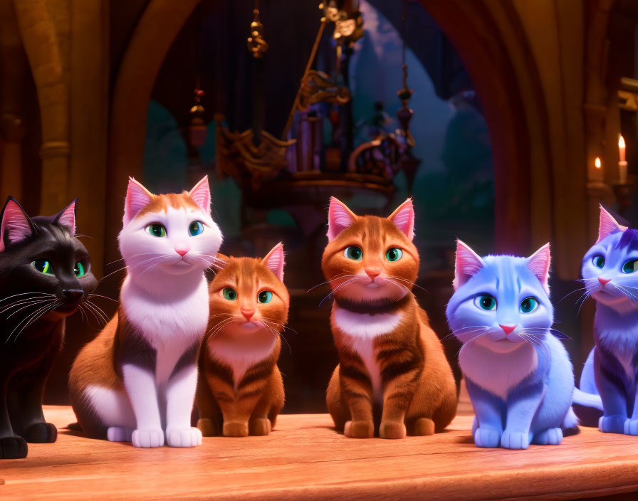 Six expressive animated cats in a cozy candlelit room with a painting.