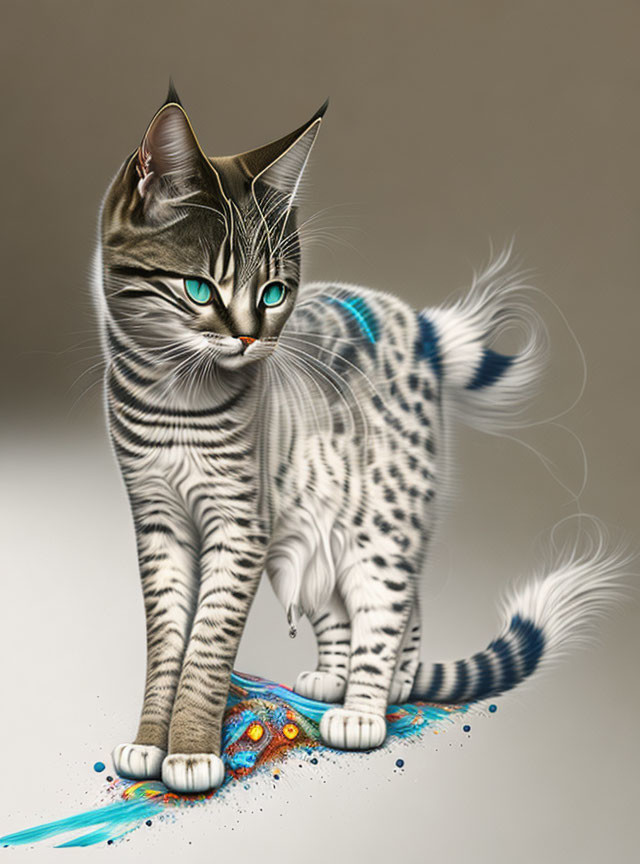 Striped cat digital art with realistic and abstract fusion and blue paint splatter