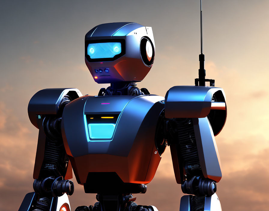 Futuristic robot with blue visor and antenna in sunset sky