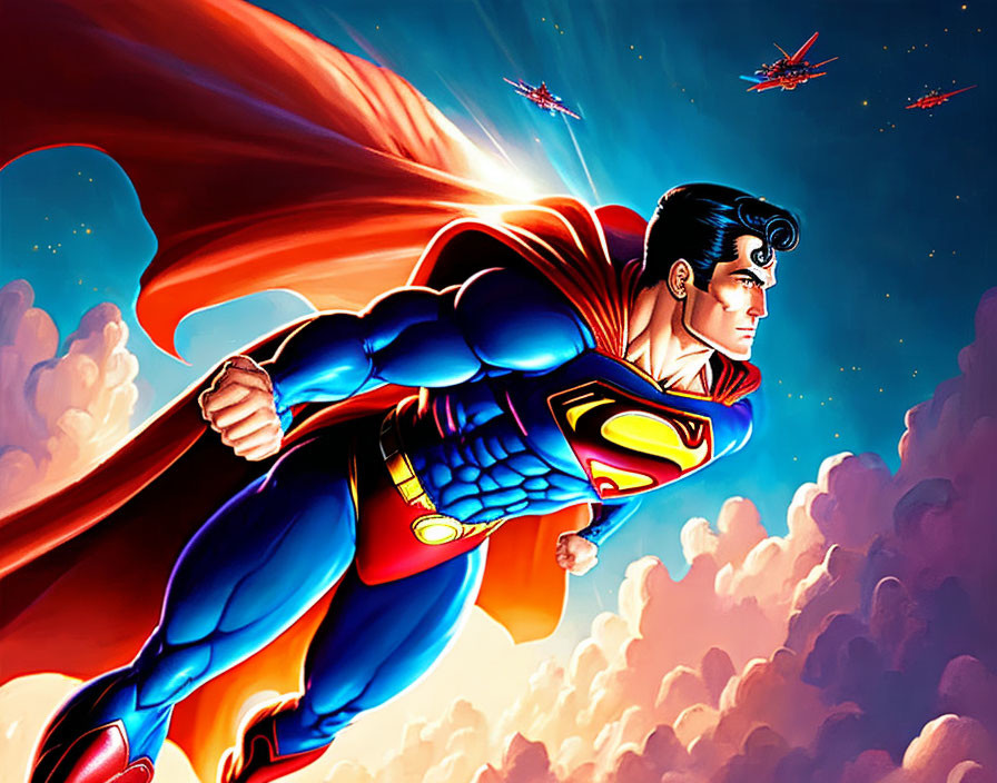 Superman flying with billowing cape and jets in background