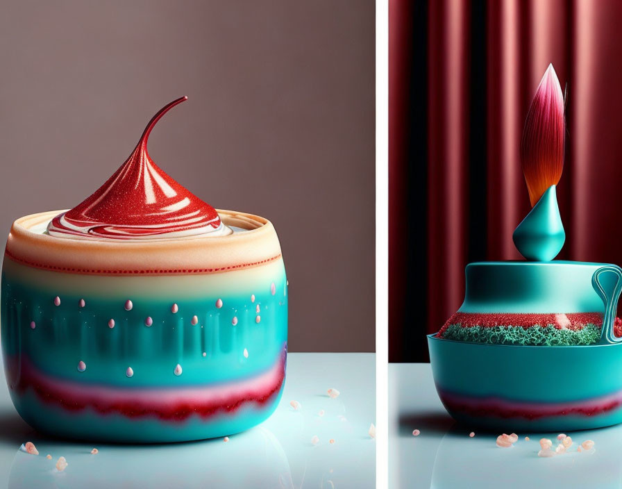 Surrealistic candle and teacup images with vibrant colors