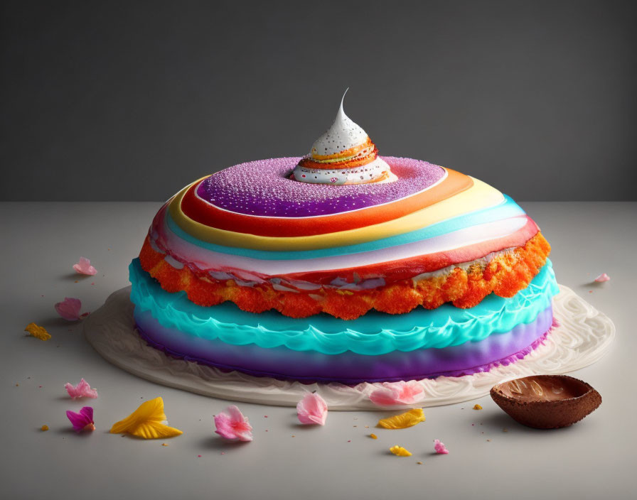 Colorful Layered Jelly Cake with Cream Topping and Decorative Petals