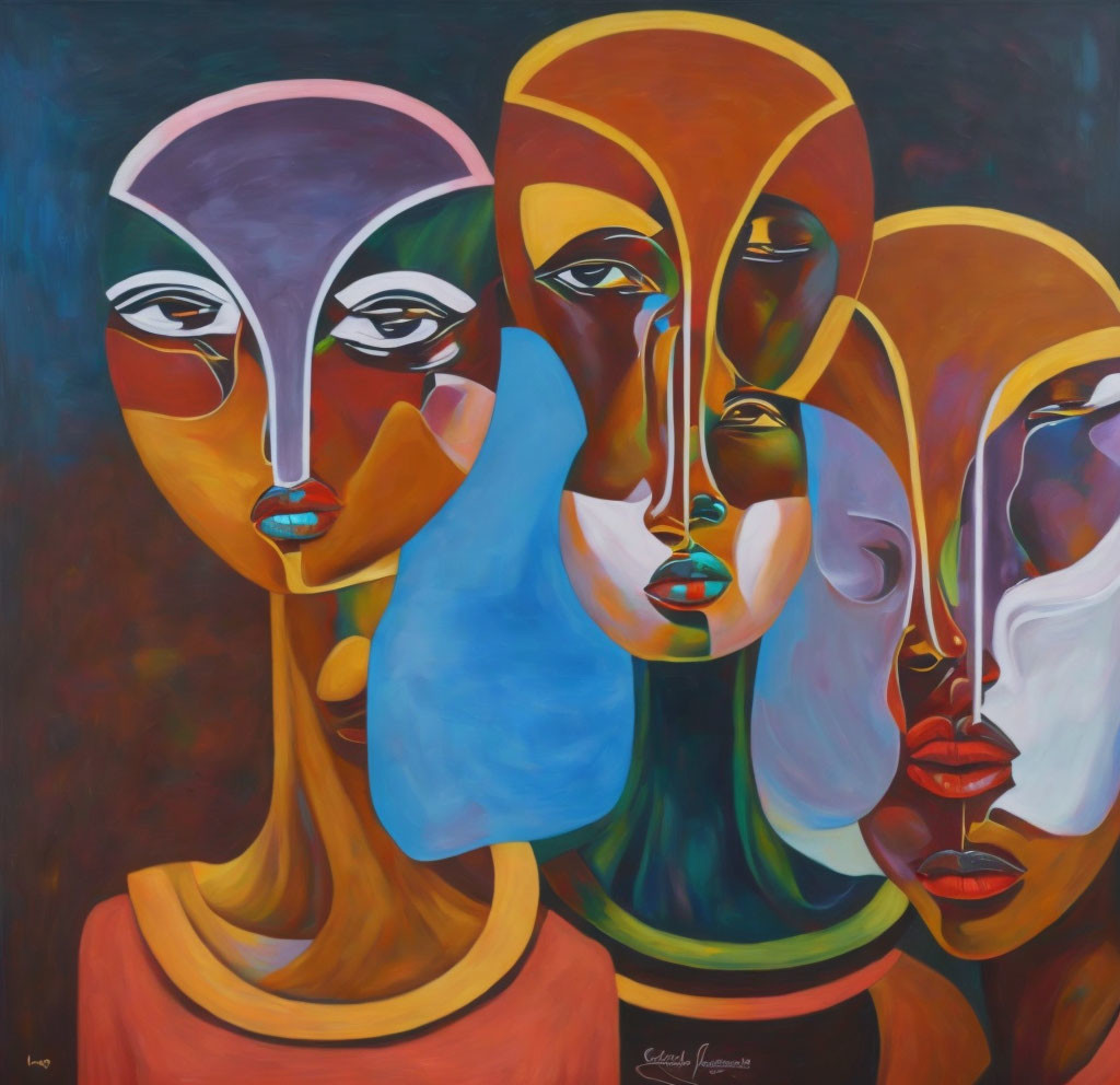 Four Stylized Faces in Abstract Painting with Vivid Colors