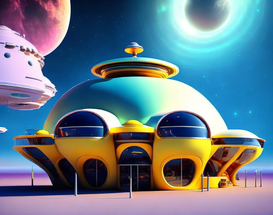 Alien planet with futuristic dome building, round windows, two moons, and spaceship in twilight sky