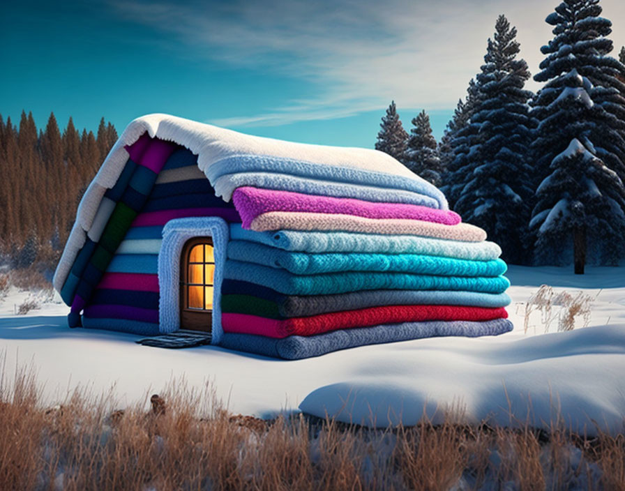 Colorful Towel Cottage in Snowy Pine Landscape