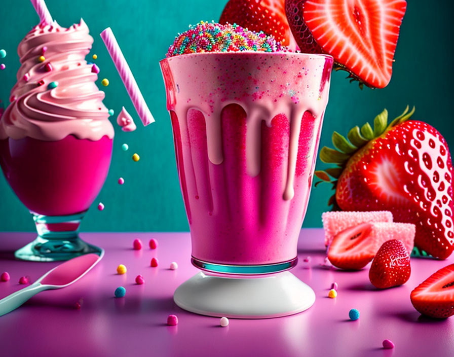 Colorful Pink Milkshake with Sprinkles, Straw, Strawberries, and Candies on Te