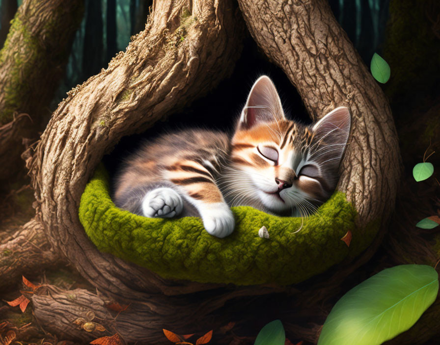 Sleeping kitten in moss-filled tree hollow with roots and foliage