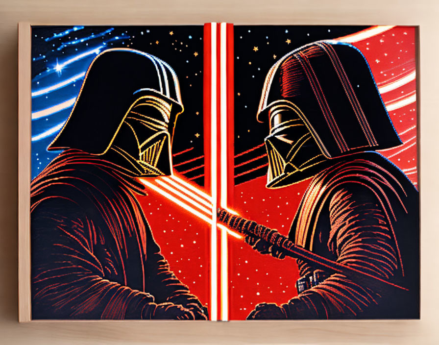 Sci-fi artwork: Two figures with blue and red lightsabers in opposition