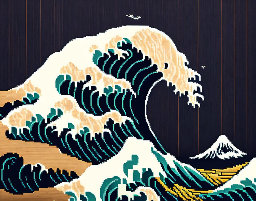 Pixelated art style of iconic Japanese wave painting