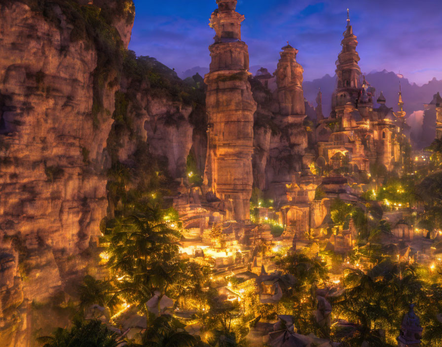 Enchanting cityscape among towering rocks and greenery at dusk