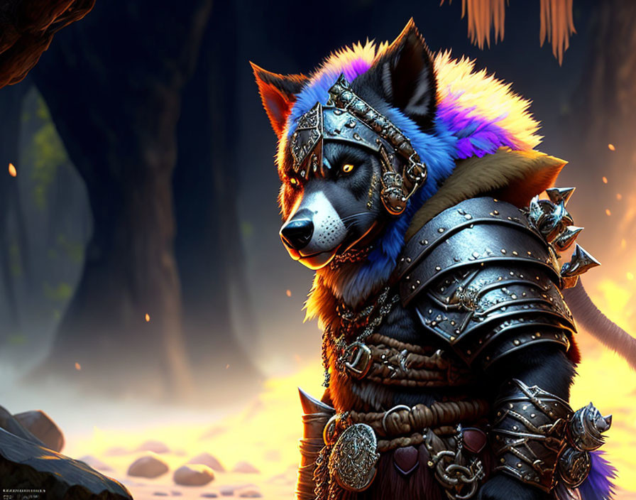 Anthropomorphic wolf warrior in ornate armor with vibrant fur colors and fiery backdrop