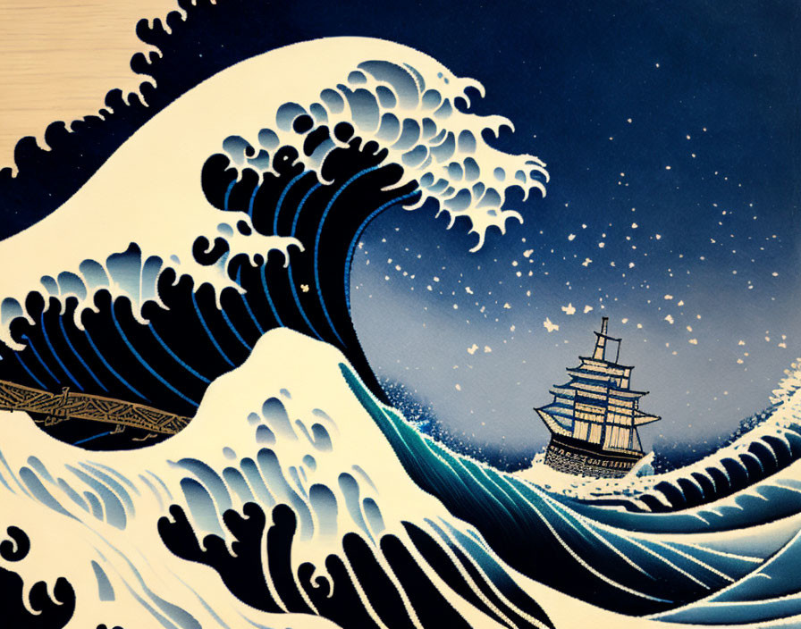 Japanese Woodblock Print: The Great Wave Off Kanagawa with Boat in Crest