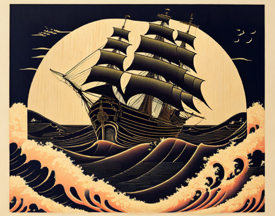 Vintage sailing ship on stormy seas with black and gold sails and birds, under a large golden sun