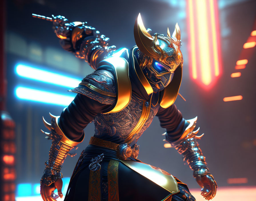 Futuristic samurai with robotic arms in ornate armor under neon lights