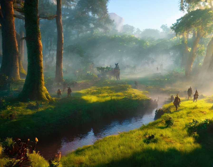 Adventurers in misty, sunlit forest with towering trees and meandering stream