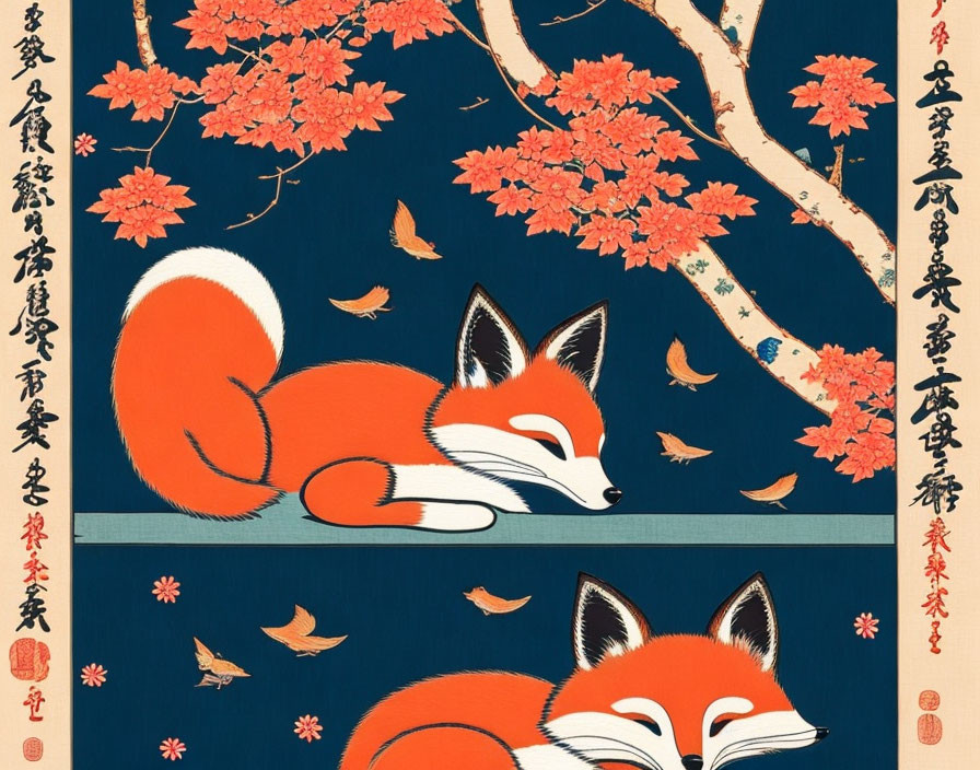 Traditional Japanese-style illustration: Two red foxes amidst blooming branches, falling petals, dark blue background